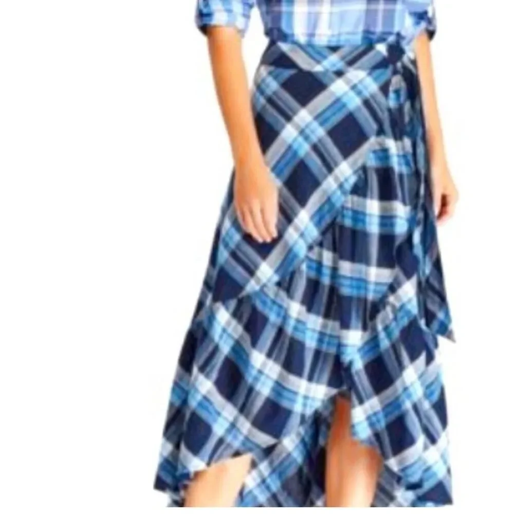 (K2) LAUREN RALPH LAUREN Asymmetrical Ruffle Skirt Navy Blue Midi Skirt, Sz L - Picture 6 of 16